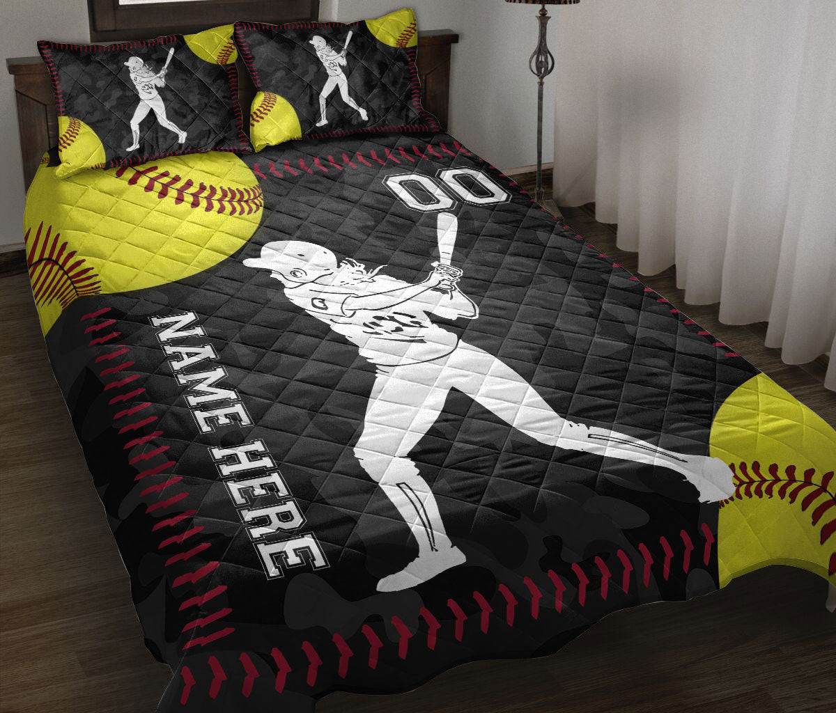 Personalized Softball Quilt Bedding Set, Softball Batter Yellow Ball Quilt Blanket With Pillowcases, Custom Name and Number Duvet Cover Set