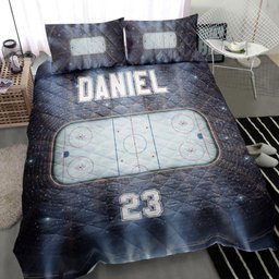 Personalized Hockey Quilt Bedding Set, Hockeys Stadium Court Quilt Blanket With Pillowcases, Custom Name and Number Duvet Cover Set