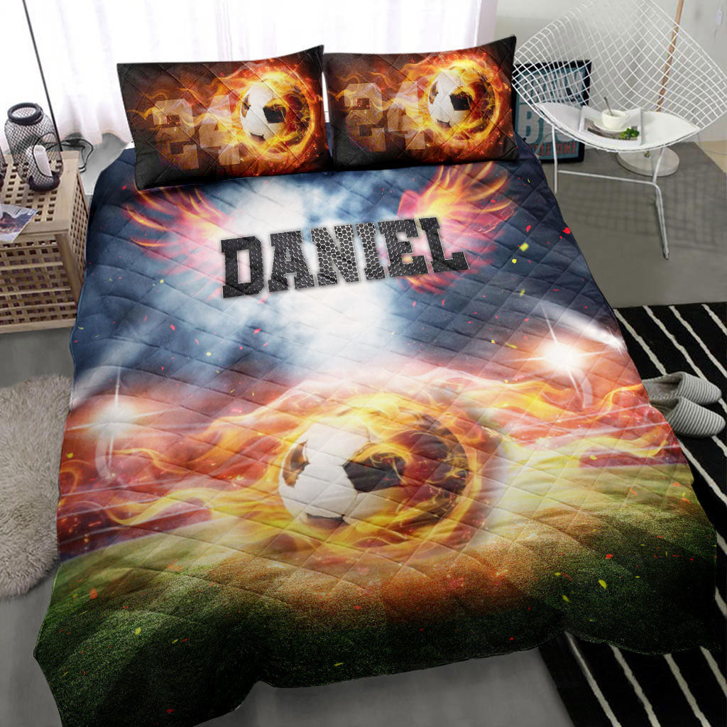 Personalized Soccer Quilt Bedding Set, Soccer Ball Fire Angel Quilt Blanket With Pillowcases, Custom Name and Number Duvet Cover Set