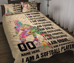 Personalized Softball Quilt Bedding Set, I Am A Softball Catcher Quilt Blanket With Pillowcases, Custom Name and Number Duvet Cover Set
