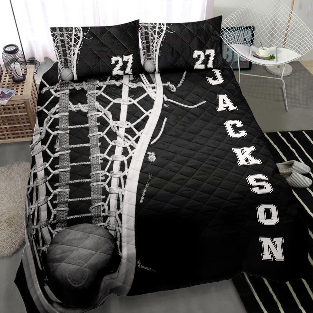 Personalized Lacrosse Quilt Bedding Set, Lacrosse Stick & Ball Black Quilt Blanket With Pillowcases, Custom Name and Number Duvet Cover Set