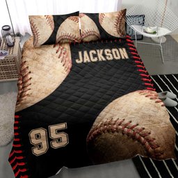Personalized Baseball Quilt Bedding Set, Baseball Ball Black Quilt Blanket With Pillowcases, Custom Name and Number Duvet Cover Set, Sports Gifts