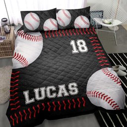 Personalized Baseball Quilt Bedding Set, Baseball Ball Black Quilt Blanket With Pillowcases, Custom Name and Number Duvet Cover Set, Sports Gifts