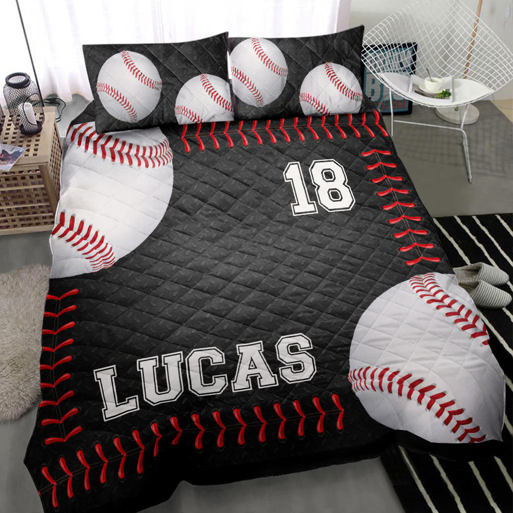 Personalized Baseball Quilt Bedding Set, Baseball Ball Black Quilt Blanket With Pillowcases, Custom Name and Number Duvet Cover Set, Sports Gifts