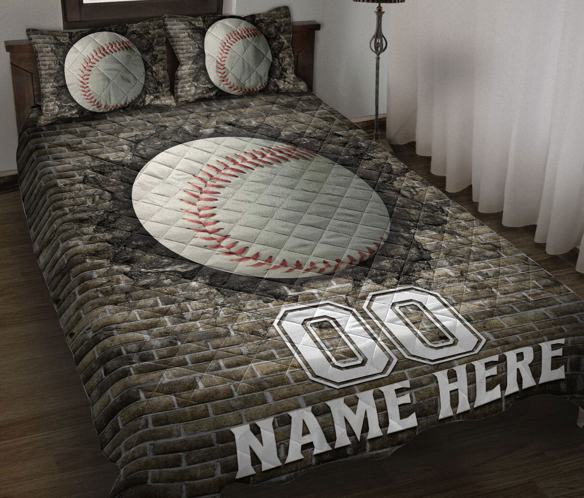 Personalized Baseball Quilt Bedding Set, Baseball Ball Wall Crack Quilt Blanket With Pillowcases, Custom Name and Number Duvet Cover Set, Sports Gifts