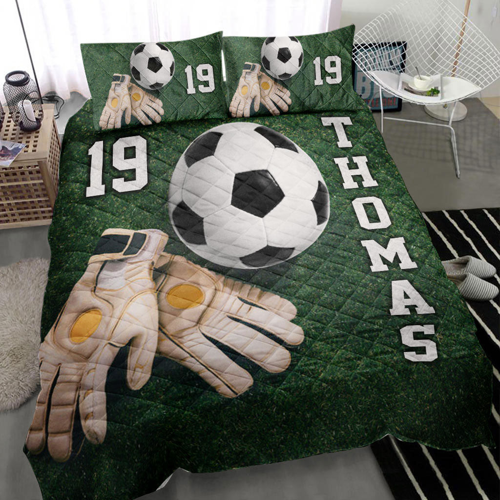 Personalized Soccer Quilt Bedding Set, Soccer Ball Glove Goal Keeper Quilt Blanket With Pillowcases, Custom Name and Number Duvet Cover Set