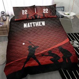 Personalized Baseball Quilt Bedding Set, Baseball Red Boy Player Team Quilt Blanket With Pillowcases, Custom Name and Number Duvet Cover Set, Sports Gifts