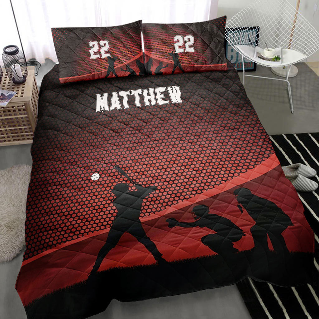 Personalized Baseball Quilt Bedding Set, Baseball Red Boy Player Team Quilt Blanket With Pillowcases, Custom Name and Number Duvet Cover Set, Sports Gifts