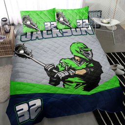 Personalized Lacrosse Quilt Bedding Set, Lacrosse Boy Green Grey Quilt Blanket With Pillowcases, Custom Name and Number Duvet Cover Set