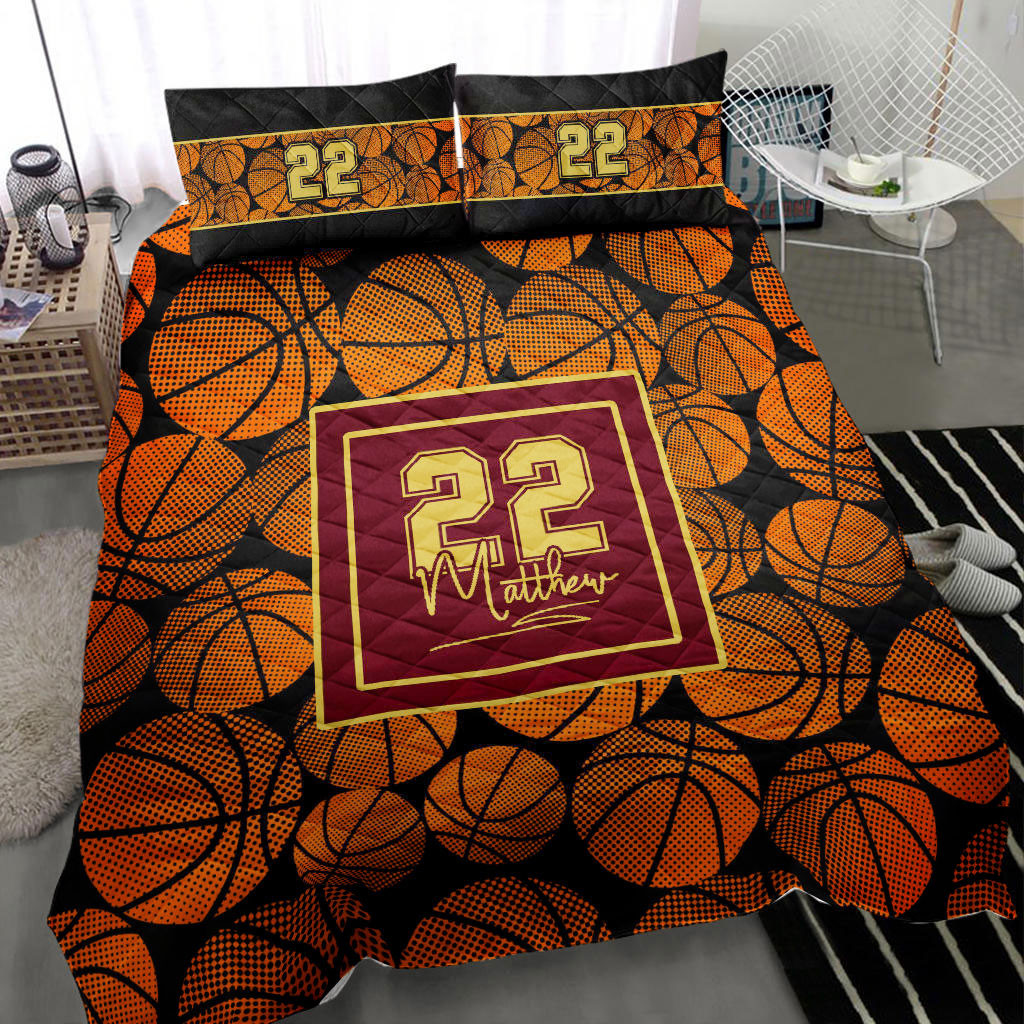 Personalized Basketball Quilt Bedding Set, Basketball Balls Quilt Blanket With Pillowcases, Custom Name and Number Duvet Cover Set