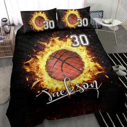 Personalized Basketball Quilt Bedding Set, Fire Basketball Ball Black Quilt Blanket With Pillowcases, Custom Name and Number Duvet Cover Set