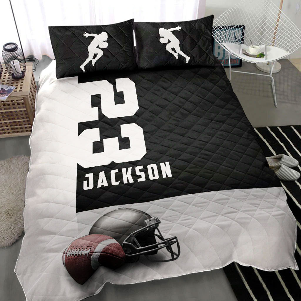 Personalized Football Quilt Bedding Set, Football Ball Helmet Black White Quilt Blanket With Pillowcases, Custom Name and Number Duvet Cover Set