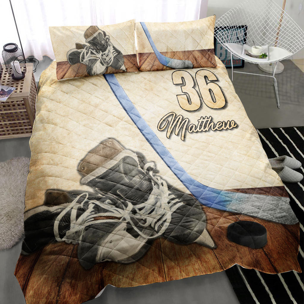 Personalized Hockey Quilt Bedding Set, Hockey Shoes Stick Beige Quilt Blanket With Pillowcases, Custom Name and Number Duvet Cover Set