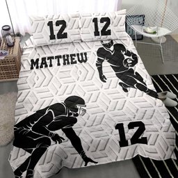 Personalized Football Quilt Bedding Set, America Football Boy 3D White Quilt Blanket With Pillowcases, Custom Name and Number Duvet Cover Set