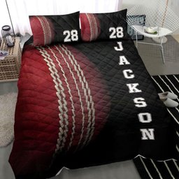 Personalized Cricket Quilt Bedding Set, Cricket Ball Black Quilt Blanket With Pillowcases, Custom Name and Number Duvet Cover Set