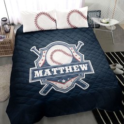 Personalized Baseball Quilt Bedding Set, Baseball Blue Quilt Blanket With Pillowcases, Custom Name and Number Duvet Cover Set, Sports Gifts