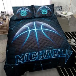 Personalized Basketball Quilt Bedding Set, Basketball Blue Light Black Quilt Blanket With Pillowcases, Custom Name and Number Duvet Cover Set