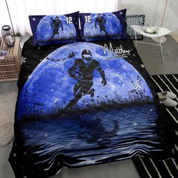 Personalized Football Quilt Bedding Set, America Football Blue Moon Quilt Blanket With Pillowcases, Custom Name and Number Duvet Cover Set