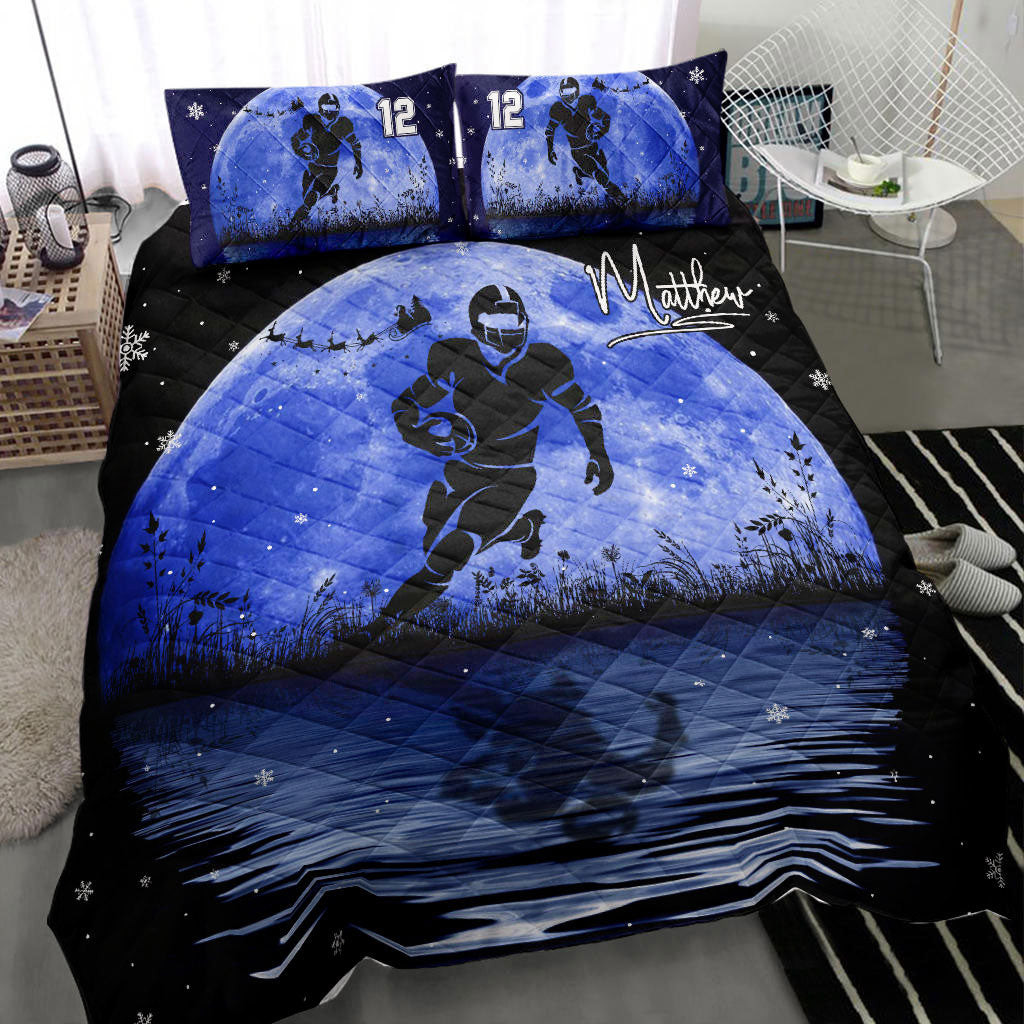 Personalized Football Quilt Bedding Set, America Football Blue Moon Quilt Blanket With Pillowcases, Custom Name and Number Duvet Cover Set