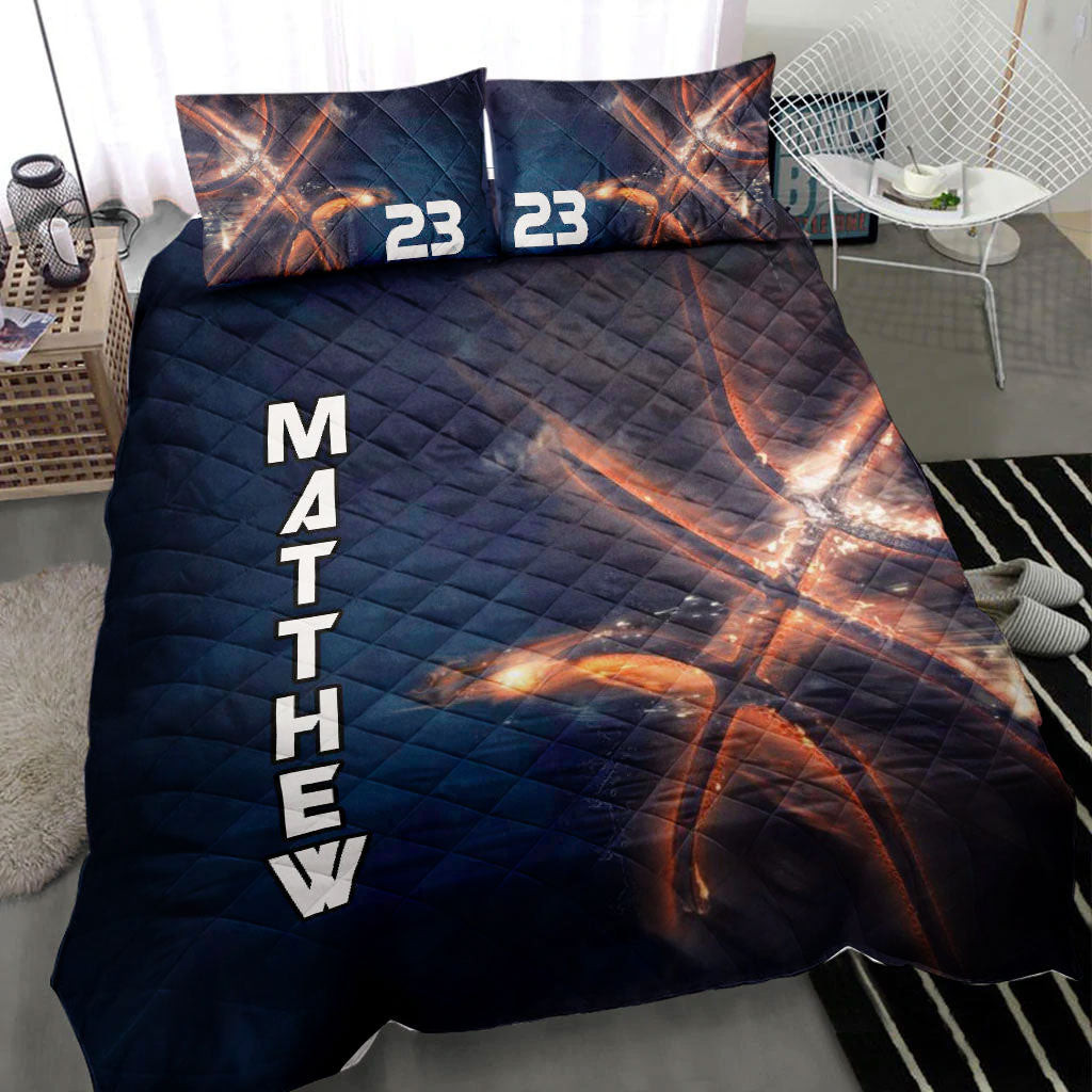 Personalized Basketball Quilt Bedding Set, Basketball Light Fire Black Quilt Blanket With Pillowcases, Custom Name and Number Duvet Cover Set