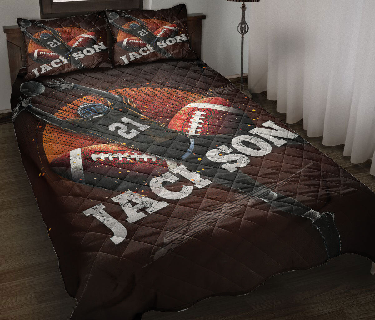Personalized Football Quilt Bedding Set, Football Catch Interceptions Quilt Blanket With Pillowcases, Custom Name and Number Duvet Cover Set