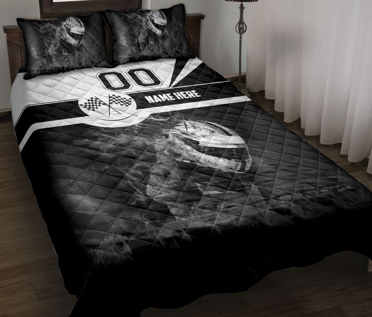 Personalized Racing Quilt Bedding Set, Racing B&W Checkered Flag Racing Quilt Blanket With Pillowcases, Custom Name and Number Duvet Cover Set