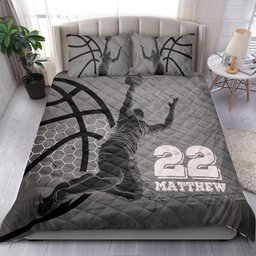 Personalized Basketball Quilt Bedding Set, Basketball Boy Grey Honeycomb Quilt Blanket With Pillowcases, Custom Name and Number Duvet Cover Set