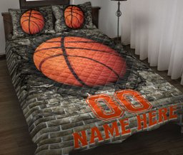 Personalized Basketball Quilt Bedding Set, Basketball Ball Wall Crack Quilt Blanket With Pillowcases, Custom Name and Number Duvet Cover Set
