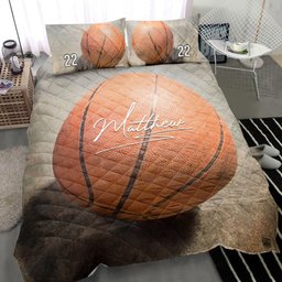 Personalized Basketball Quilt Bedding Set, Basketball Big Ball 3D Printed Quilt Blanket With Pillowcases, Custom Name and Number Duvet Cover Set