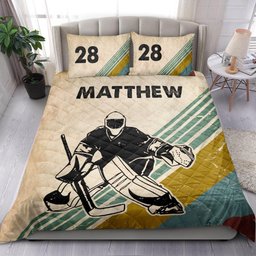 Personalized Hockey Quilt Bedding Set, Hockey Boy Retro Quilt Blanket With Pillowcases, Custom Name and Number Duvet Cover Set