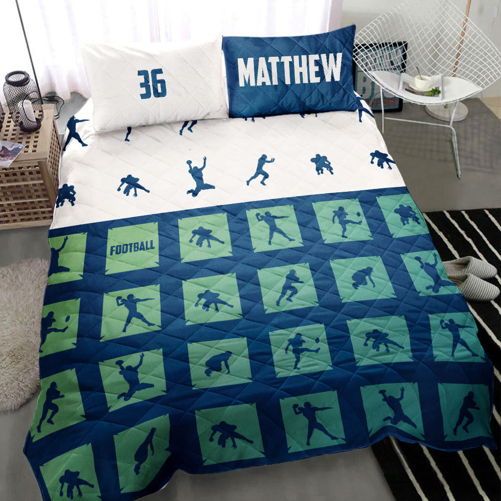 Personalized Football Quilt Bedding Set, Football In Boxes Turquoise Quilt Blanket With Pillowcases, Custom Name and Number Duvet Cover Set