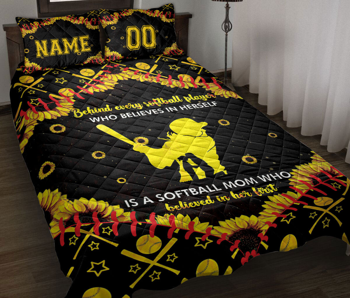 Personalized Softball Quilt Bedding Set, Sunflower Softball Girl Quilt Blanket With Pillowcases, Custom Name and Number Duvet Cover Set