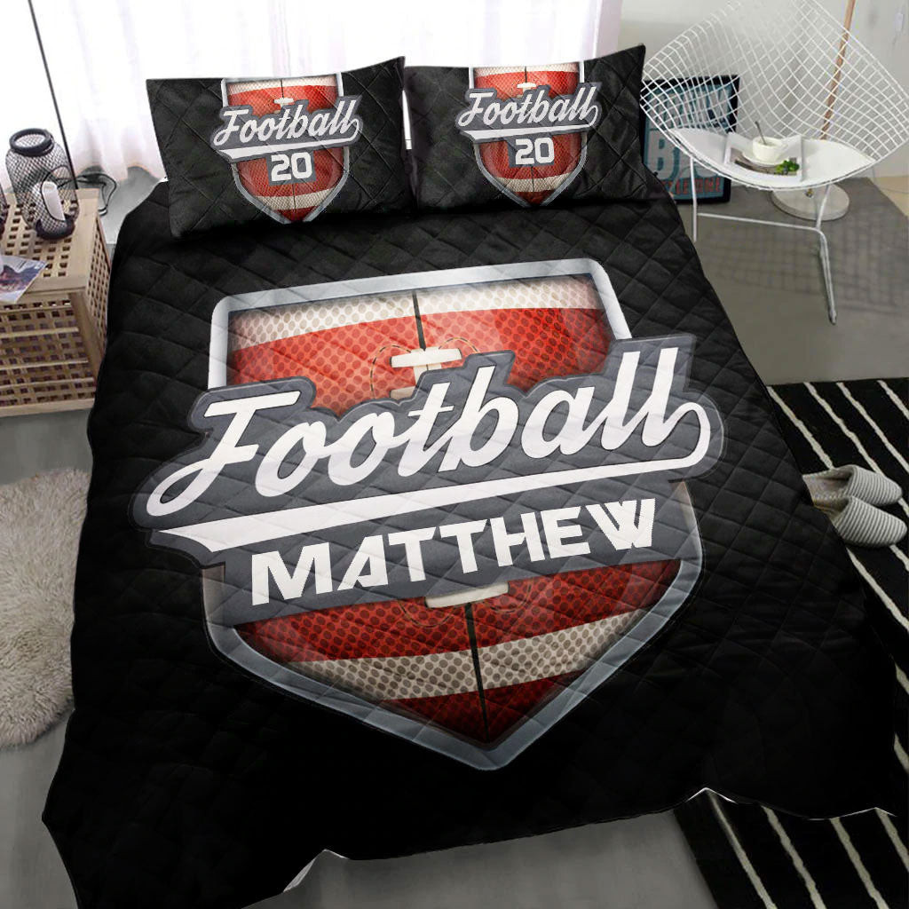Personalized Football Quilt Bedding Set, America Football Black Quilt Blanket With Pillowcases, Custom Name and Number Duvet Cover Set