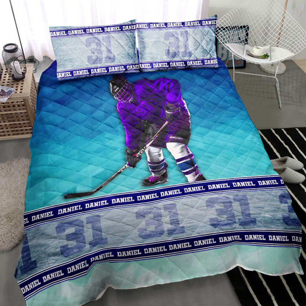 Personalized Hockey Quilt Bedding Set, Ice Hockey Blue Quilt Blanket With Pillowcases, Custom Name and Number Duvet Cover Set