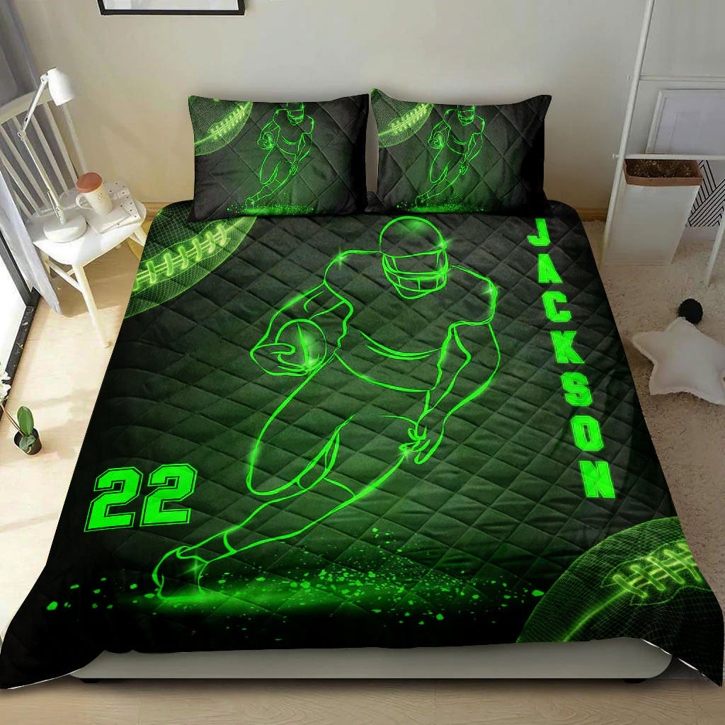 Personalized Football Quilt Bedding Set, Football Green Neon Quilt Blanket With Pillowcases, Custom Name and Number Duvet Cover Set