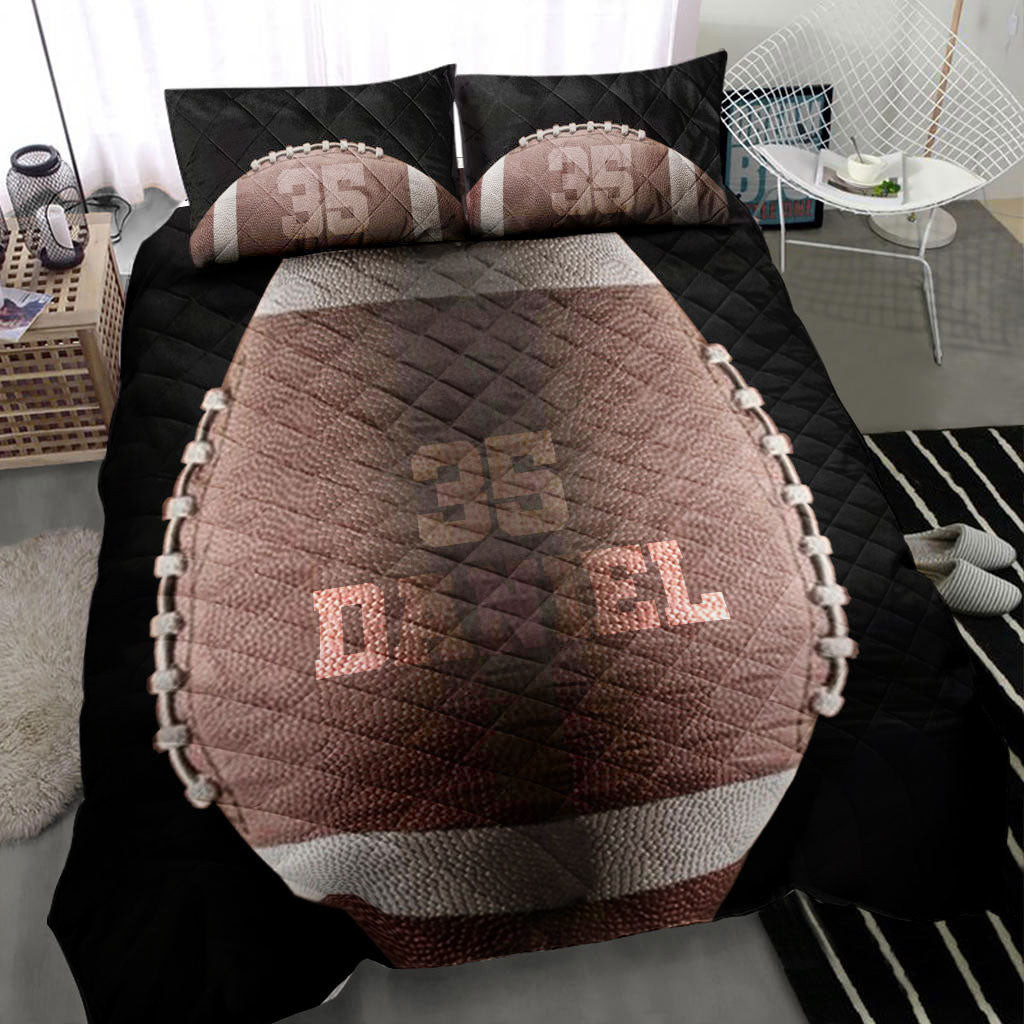 Personalized Football Quilt Bedding Set, Football Ball Dark 3D Black Quilt Blanket With Pillowcases, Custom Name and Number Duvet Cover Set