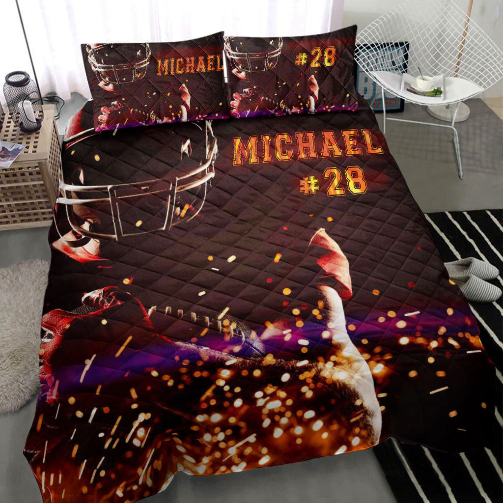 Personalized Football Quilt Bedding Set, Football Winner Champion Quilt Blanket With Pillowcases, Custom Name and Number Duvet Cover Set