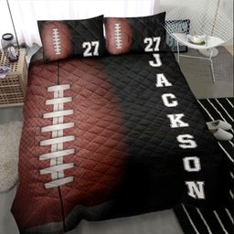 Personalized Football Quilt Bedding Set, Football Ball 3D Black Quilt Blanket With Pillowcases, Custom Name and Number Duvet Cover Set