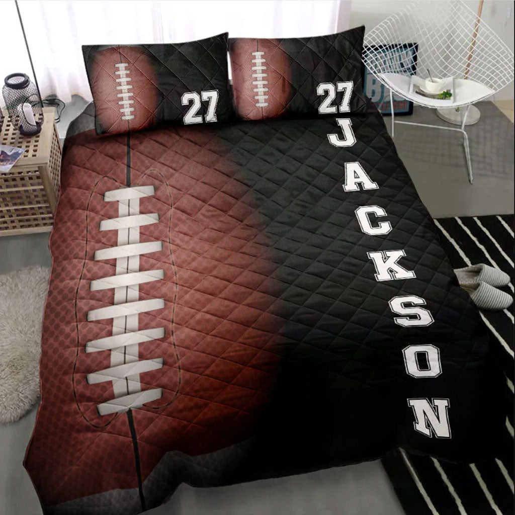 Personalized Football Quilt Bedding Set, Football Ball 3D Black Quilt Blanket With Pillowcases, Custom Name and Number Duvet Cover Set