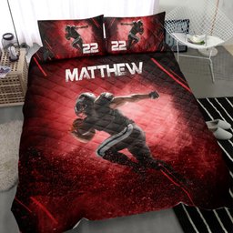 Personalized Football Quilt Bedding Set, America Football Player Run Red Quilt Blanket With Pillowcases, Custom Name and Number Duvet Cover Set