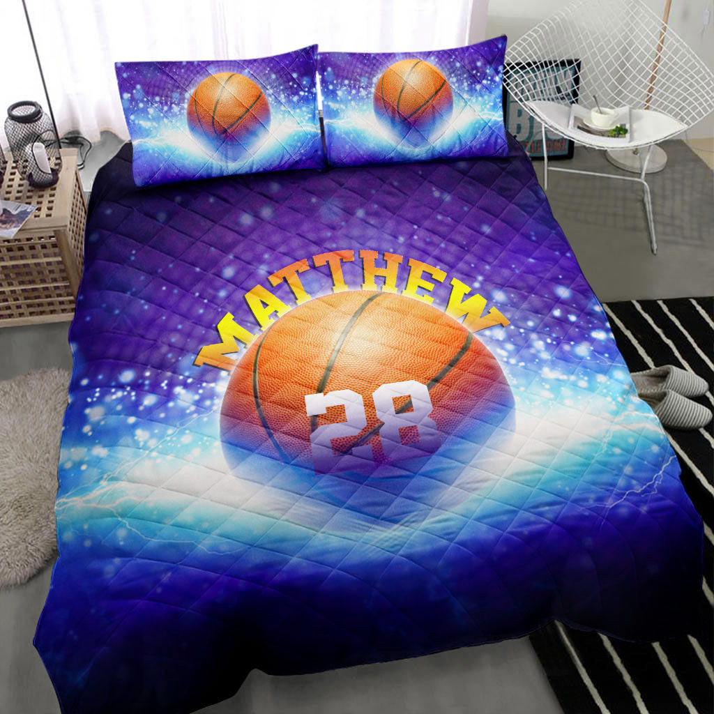 Personalized Basketball Quilt Bedding Set, Basketball Ball Galaxy Blue Quilt Blanket With Pillowcases, Custom Name and Number Duvet Cover Set