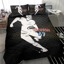 Personalized Football Quilt Bedding Set, Football Play Hard Black Quilt Blanket With Pillowcases, Custom Name and Number Duvet Cover Set