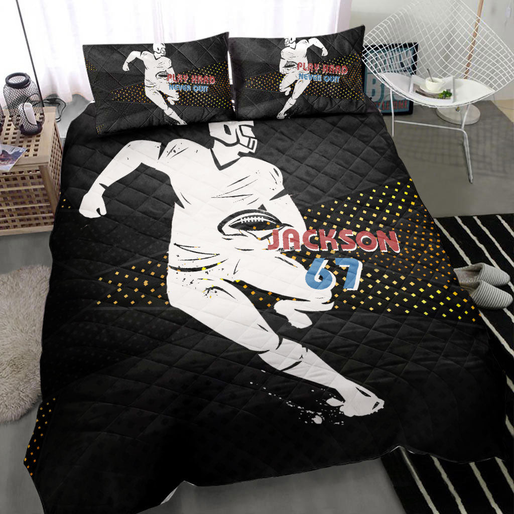 Personalized Football Quilt Bedding Set, Football Play Hard Black Quilt Blanket With Pillowcases, Custom Name and Number Duvet Cover Set