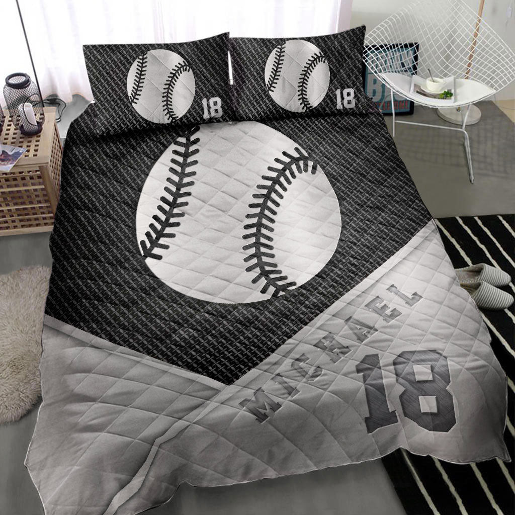 Personalized Baseball Quilt Bedding Set, Baseball Ball Metal Quilt Blanket With Pillowcases, Custom Name and Number Duvet Cover Set, Sports Gifts
