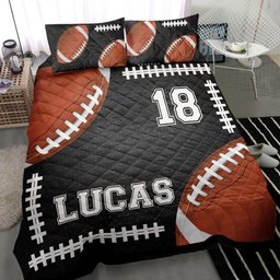 Personalized Football Quilt Bedding Set, Football Ball Black Quilt Blanket With Pillowcases, Custom Name and Number Duvet Cover Set