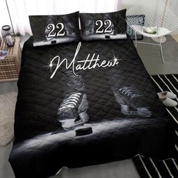 Personalized Hockey Quilt Bedding Set, Hockey Shoes Skate Black Quilt Blanket With Pillowcases, Custom Name and Number Duvet Cover Set