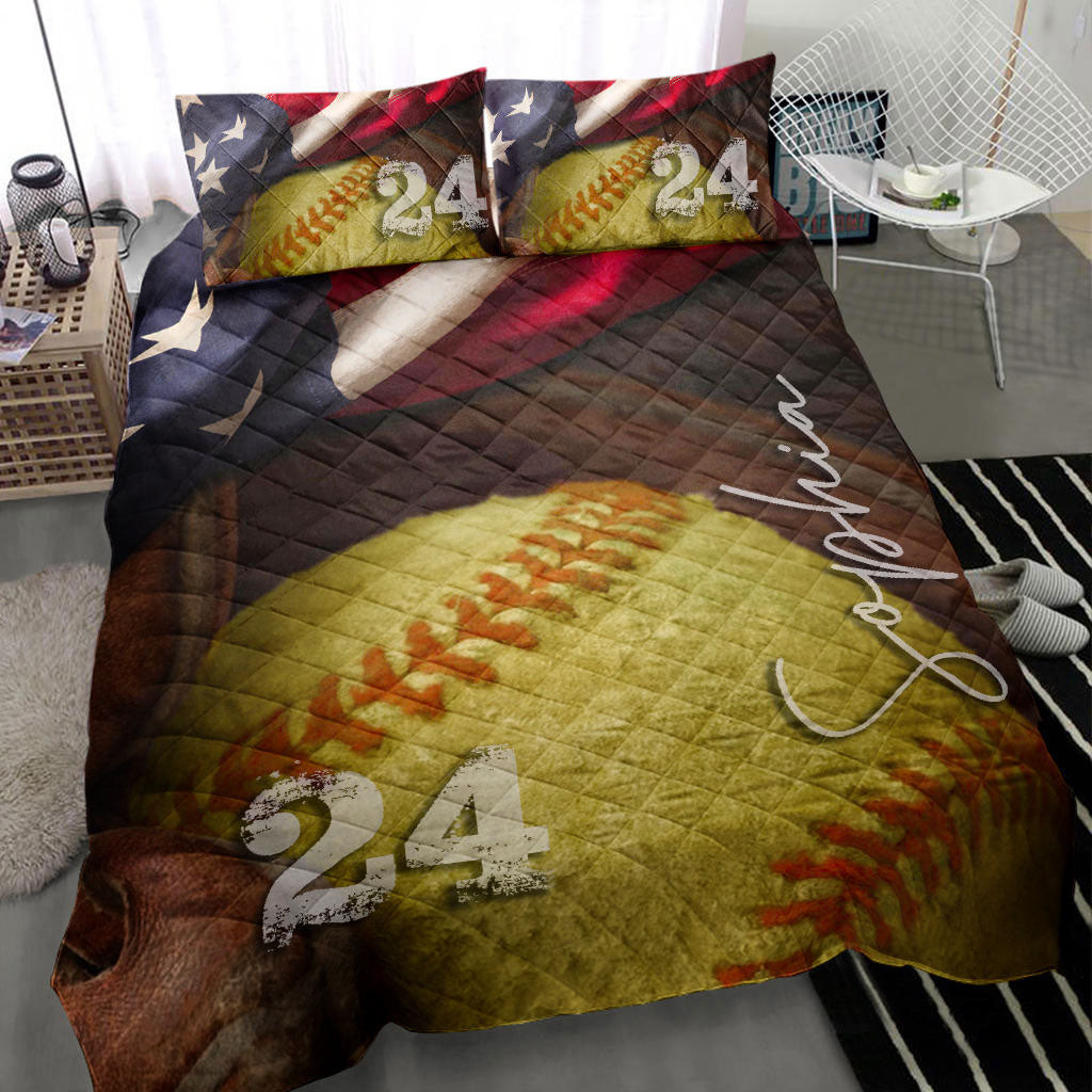 Personalized Softball Quilt Bedding Set, Softball Ball US Flag Quilt Blanket With Pillowcases, Custom Name and Number Duvet Cover Set