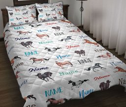 Personalized Horse Quilt Bedding Set, Horse Quilt Blanket With Pillowcases, Custom Name and Number Duvet Cover Set