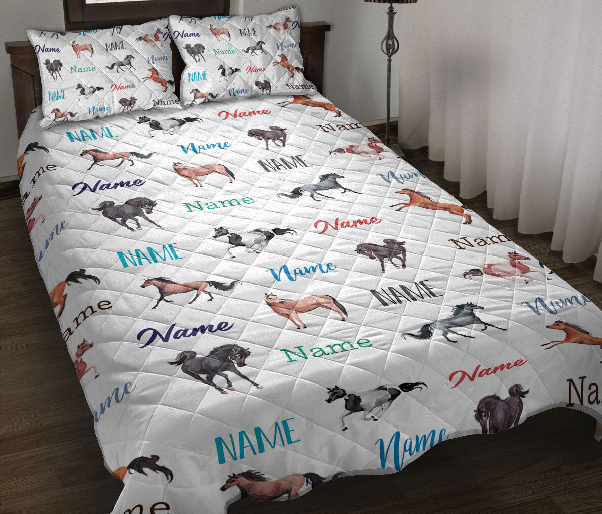 Personalized Horse Quilt Bedding Set, Horse Quilt Blanket With Pillowcases, Custom Name and Number Duvet Cover Set