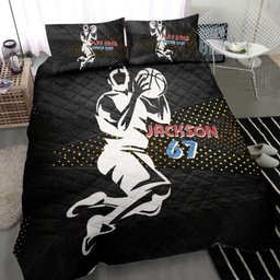 Personalized Basketball Quilt Bedding Set, Basketball Play Hard Black Quilt Blanket With Pillowcases, Custom Name and Number Duvet Cover Set